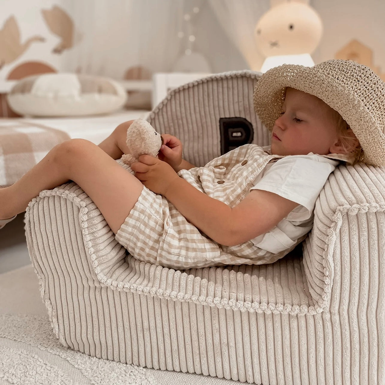 Personalised Letter Corduroy Toddler Armchair in Pale Grey