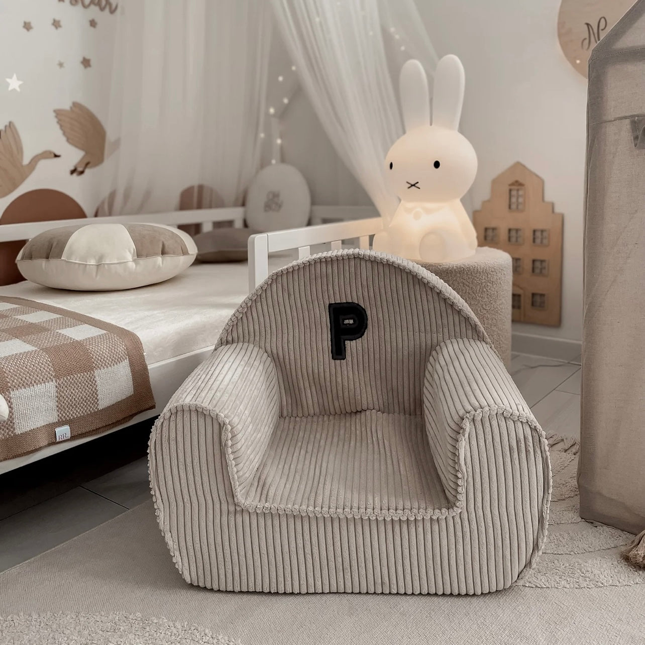 Personalised Letter Corduroy Toddler Armchair in Pale Grey